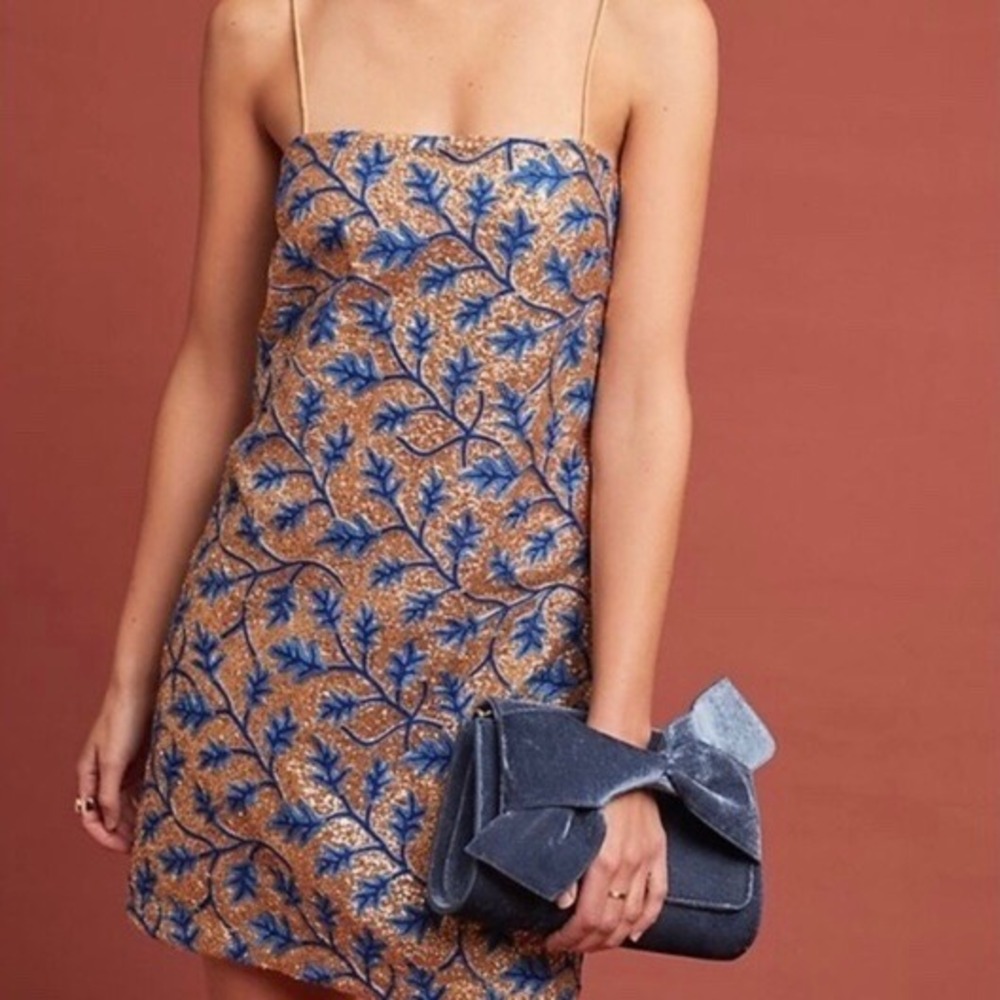 The Odells Gold Blue Sequin Shift Dress Embroidered Leaf Mini XS Cocktail Party